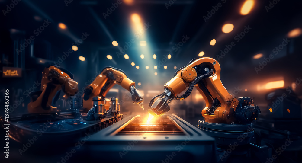 Fototapete automated factory scene featuring robotic arms working diligently on a production line under bright 