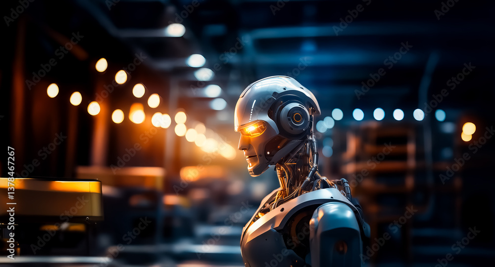 Aufkleber metallic robot with glowing eyes stands in a dimly lit factory. industrial setting with machinery an