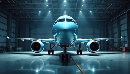 Fototapeta premium Large passenger aircraft in aircraft maintenance hangar. Airplane standing inside the building. The plane is illuminated by bright overhead lights. Aircraft maintenance, repair, service. Blue color.