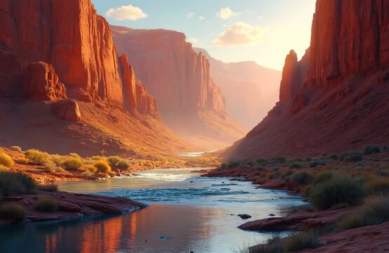 Scenic red rock canyon landscape with flowing river. Rugged sandstone formations, desert scenery. Natural beauty, serene, tranquil environment, valley, gorge, peaceful atmosphere.