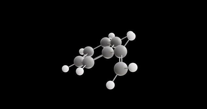 Polystyrene molecule, rotating 3D model of synthetic polymer, looped video on a black background