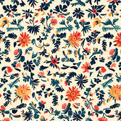 Colorful floral pattern with various flowers and leaves on light background, creating vibrant and cheerful design. Perfect for textiles or wallpaper