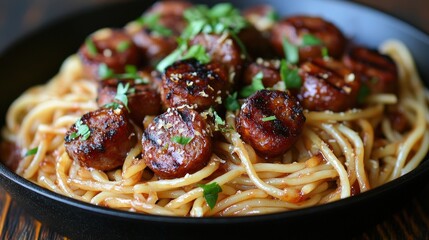 Fototapeta premium Rustic cast iron skillet brimming with hearty spaghetti and meatballs, bathed in savory sauce and fresh parsley. A comforting, classic meal