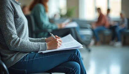 Patient fills medical forms in clinic waiting area. Healthcare visit preparation, documentation, paperwork. Woman dressed in casual clothes, filling out forms before appointment. Focus on patient