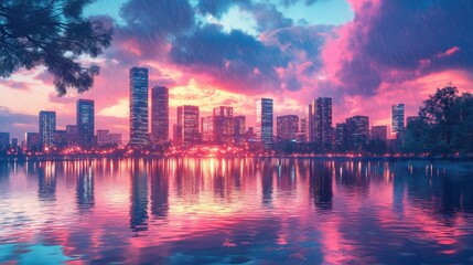 Obraz premium Sunset Cityscape: Serene Urban Skyline Reflections Over Water at Twilight