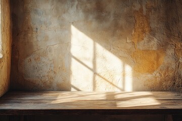 Sunlit room with wooden table and aged wall