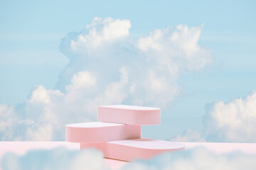 Minimal podium table top in outdoor on blue sky white cloud background.Beauty cosmetic product...