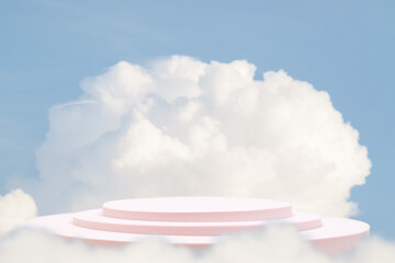 Minimal podium table top in outdoor on blue sky white cloud background.Beauty cosmetic product placement pedestal modern stand display,surreal paradise dreamy concept.