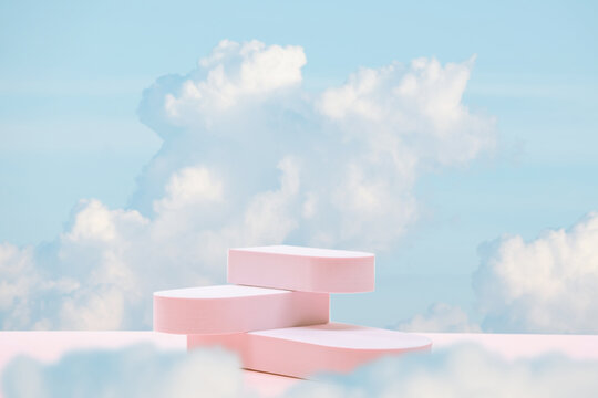 Minimal podium table top in outdoor on blue sky white cloud background.Beauty cosmetic product placement pedestal modern stand display,surreal paradise dreamy concept.