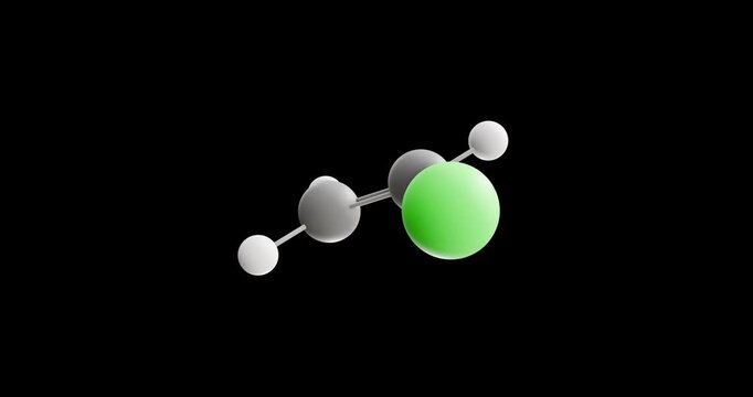 Vinyl chloride molecule, rotating 3D model of organochloride, looped video on a black background