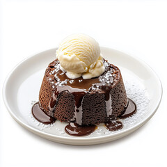 a chocolate lava cake with a gooey center, served with a scoop of vanilla ice cream, i