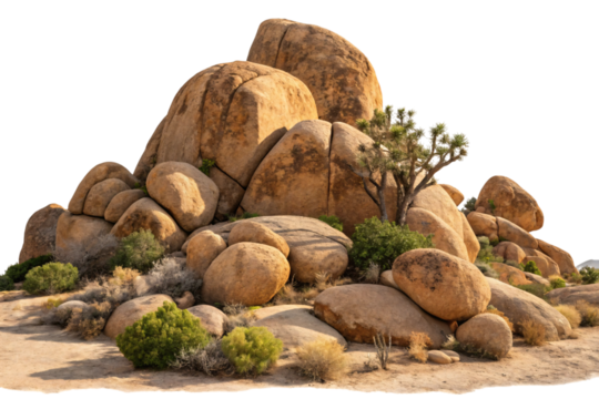 Joshua Tree National Park Rock Formation and Tree Against Clear Sky Backdrop.
