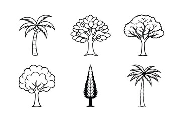 Black vector set of tree silhouettes includes pine, palm, birch, and oak, a natural forest illustration with leaf and branch outlines for autumn pattern design  Black vector 