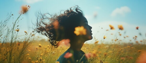 A joyful young person twirls among wildflowers, their hair flowing freely in the breeze, capturing the essence of carefree happiness.