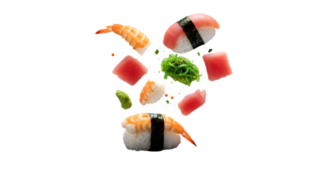 Assorted Sushi Pieces isolated on transparent background, Japanese Sushi Rolls and Nigiri with Fresh Seafood, Traditional Sushi Platter with Salmon, Tuna, and Rice, PNG image - Powered by Adobe