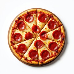 Top view of tasty pizza with cheese and pepperoni. Isolated on white background. Popular italian meal lunch dinner. Baked snack with crust and mozzarella. Ideal for food blog or culinary project.