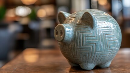 A piggy bank with a maze design etched into its surface, symbolizing financial strategy
