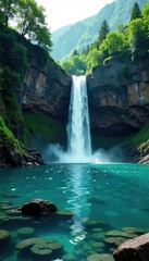 Naklejka premium An isolated waterfall cascading into a crystal-clear lake, waterfall, mystical, isolation