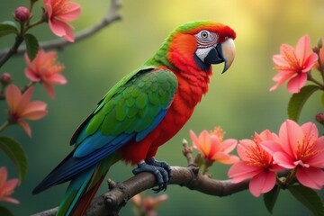 Fototapeta premium Vibrant parrot on flowering branch, soft focus background, flower photography, flower, tropical bird