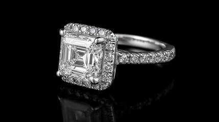 A platinum engagement ring with a radiant cut diamond, elegantly displayed on black