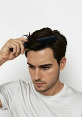 Fototapeta premium Handsome Man Combing Hair – Grooming and Self-Care Concept