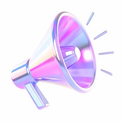 3D holographic metallic megaphone with gradient finish in pink, purple, and blue hues. Glossy announcement symbol with sound wave accents emanating from its opening. 3D illustration.