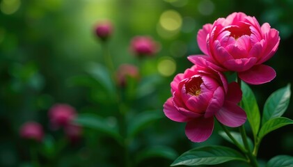 Bold fuchsia peonies, lush green foliage, vibrant backdrop, flower design, floral design, nature