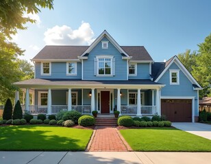 Classic two-story blue clapboard house with red brick sidewalk. Entrance, property, residential dwelling in suburban neighbourhood with green grass, trees. Real estate, family home, residence,
