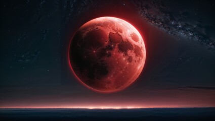 Mesmerizing Lunar Eclipse with a Fiery Red Glow. A mesmerizing lunar eclipse where the Earth's shadow slowly covers the Moon, turning it into a deep, reddish hue known as the 'Blood Moon.' The night s
