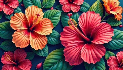 Bold tropical hibiscus pattern, vibrant color explosion, orange, luau, exotic