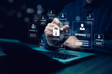 E-document management, online documentation database, paperless office concept, Businessman touching on document for online approve paperless quality assurance and ERP management concept.