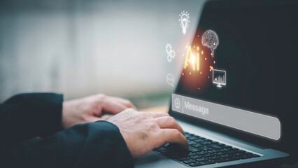 Chatbot Chat with AI, Artificial Intelligence. man using technology smart robot AI, artificial intelligence by enter command prompt for generates something, Futuristic technology transformation.