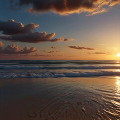 Obraz premium A beach at sunset with gentle waves, radiating calm and awe. 