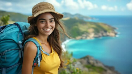 Smiling hiker enjoying a beautiful coastal view during a sunny adventure in a mountainous region - Powered by Adobe