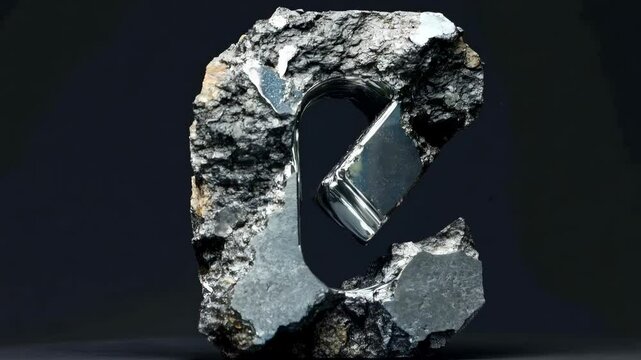 Rotating stone letter e with silver parts on dark background