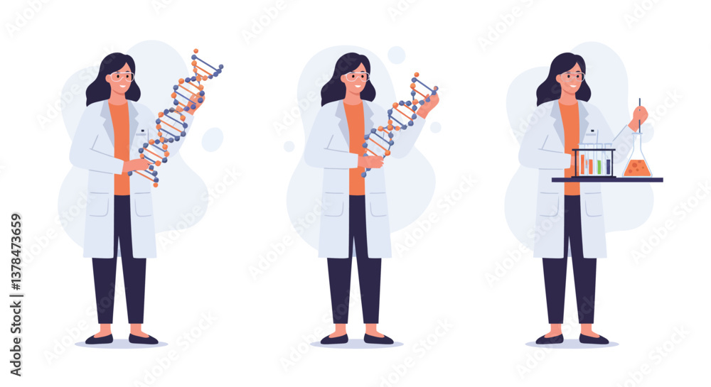 Poster scientist character performing experiments in flat vector art style transitioning between frames
