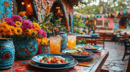 Fototapeta premium Colorful Outdoor Mexican Dining Experience: Vibrant Table Setting with Traditional Cuisine and Festive Decor