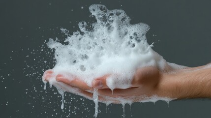 Fototapeta premium Washing hands with liquid soap bubbles and foam in water home setting close-up view for effective cleaning