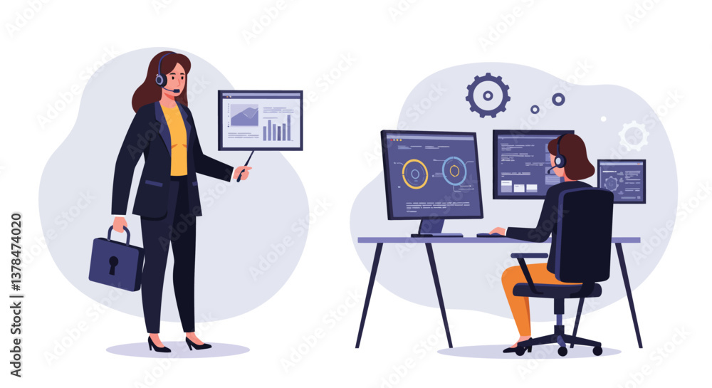 Poster businesswoman presenting data on screen with flat design vector art and colleague analyzing graphs i