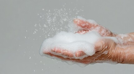 Fototapeta premium Washing hands with foam and liquid soap clean environment close-up view bubble action in water