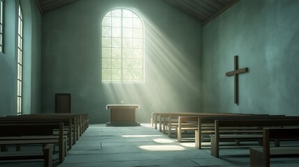 Obraz premium Spiritual Church Interior with Sunlight Rays on Wooden Benches - Peaceful Sanctuary and Sacred Space
