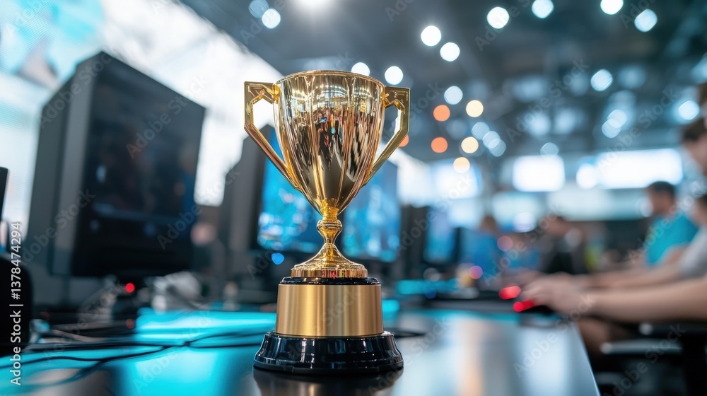 Fototapete a golden trophy stands prominently on a table, with blurred figures engaging with computers in the b