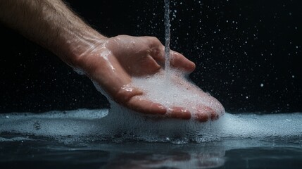 Fototapeta premium Washing hands with liquid soap under water stream cleaning action indoor environment close-up view foamy bubbles