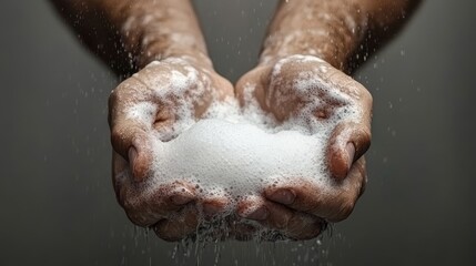 Fototapeta premium Washing hands with liquid soap cleaning foam bubbles in water home environment close-up view for hygiene awareness