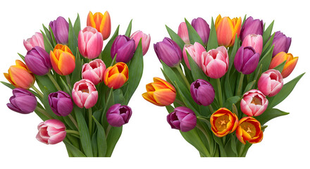 set of Colorful Tulip Bouquet Clipart isolated on transparent background, Realistic Tulip Illustrations – Spring Flower Arrangements, Handpicked Tulip Flowers
