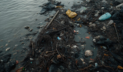 Obraz premium AI generator image of beach littered with garbage and e-waste. Pollution from plastic waste and electronic waste is harmful to marine animals and humans.