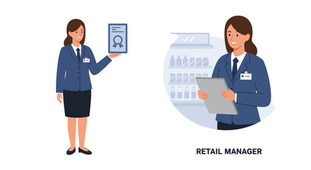 Fototapeta premium Retail manager in professional attire showcasing achievements in flat vector art