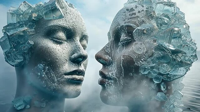 Two serene faces, partially encased in ice crystals, face each other amidst mist