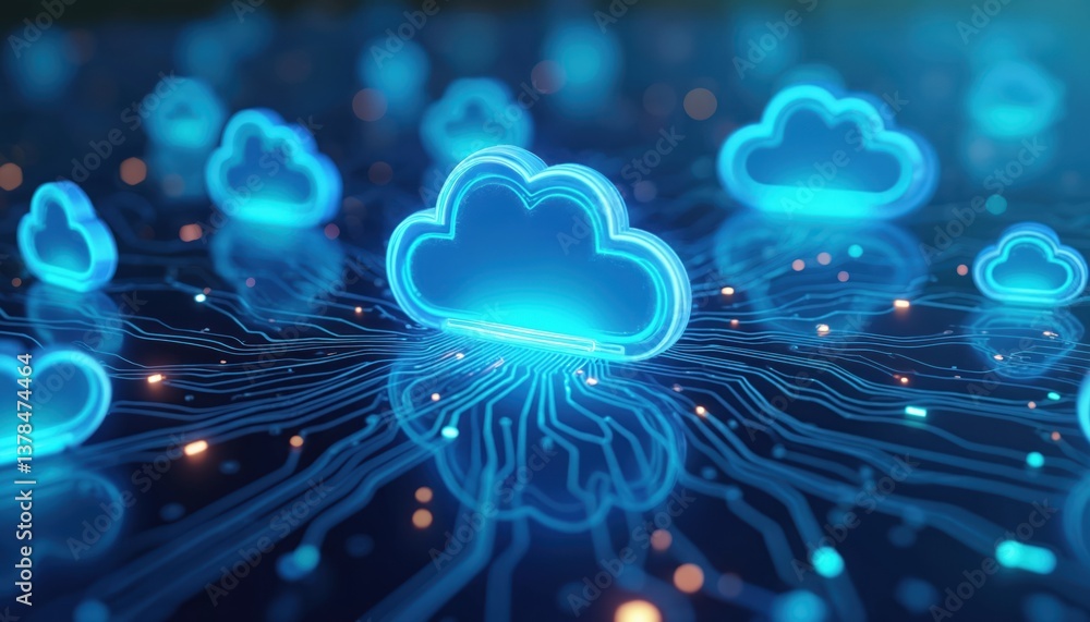 Poster digital image cloud computing concept. blue cloud icons on circuit board pattern. tech data storage,
