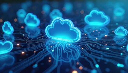 Digital image cloud computing concept. Blue cloud icons on circuit board pattern. Tech data storage, modern data center. Online, virtual networking. Cloud migration, data transfer, web hosting.